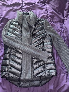 Athleta Curtsey Quilted Knit-Trim Puffer Cardigan - Charcoal Gray